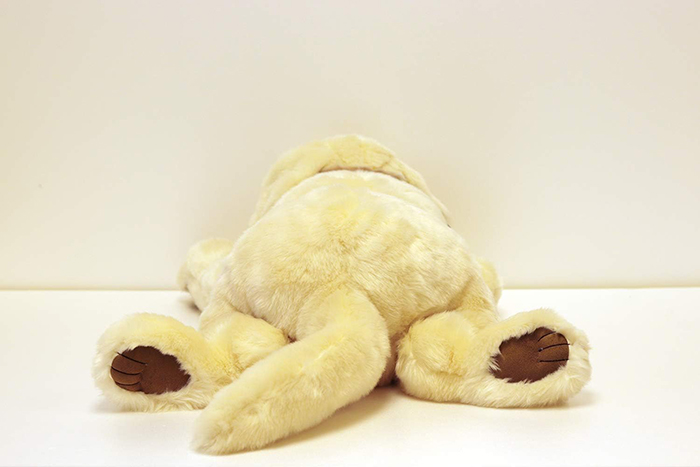 後ろから見たラブぬいぐるみ、後ろ足の肉球が見えてカワイイ、しっぽもくるっとインパクトあり