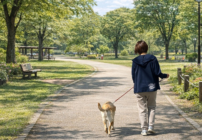 ラブラドールと散歩をしている写真