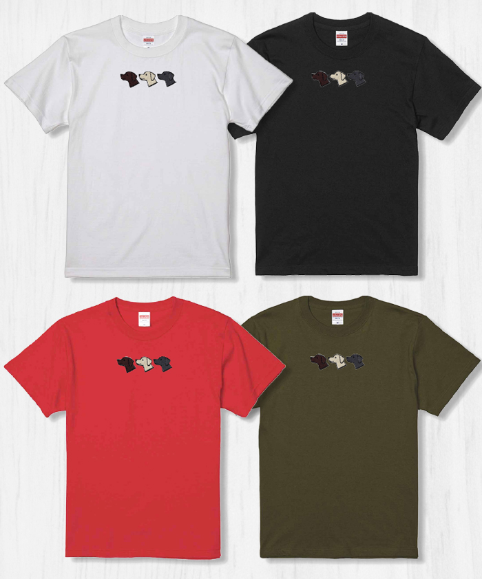 左上からホワイト、ブラック、左下レッド、カーキのTシャツ