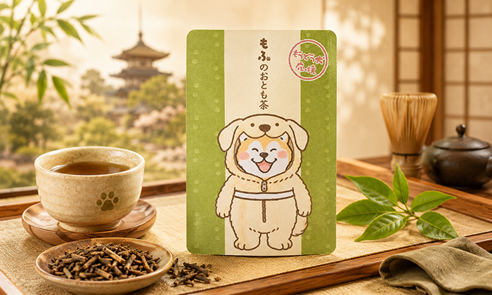 ほうじ茶と茶葉の横にもふのおとも茶パッケージが並んでいる