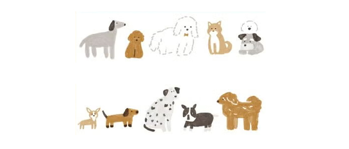 便箋の拡大写真。罫線の書かれている上に左から、体がグレーで耳が黒の大型犬、トイプードル、白いモフモフの大型犬、柴犬、シュナウザーとシュナウザーの上にビションフリーゼがちょこんとかをを出している。罫線を挟んで下側にチワワ、ダックス、ダルメシアン、フレンチブル、茶色いモフモフの大型犬のイラストが描かれている