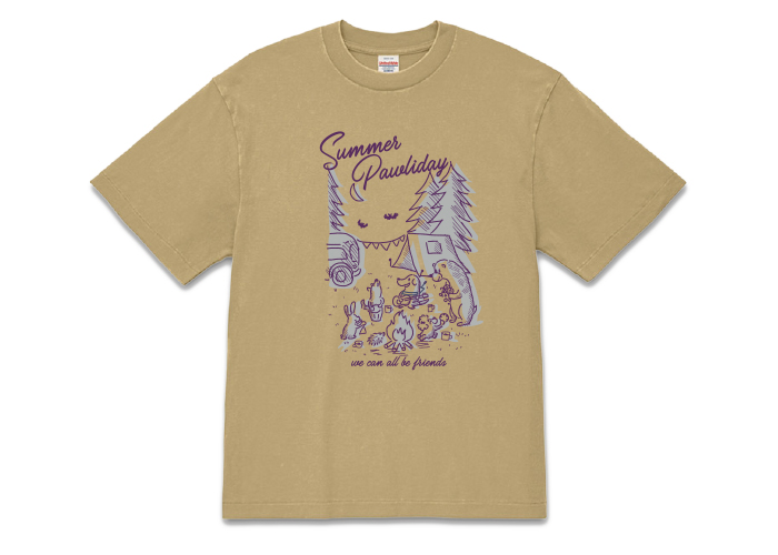 フェードベージュのTシャツにパープルの線図にグレーの影のプリント