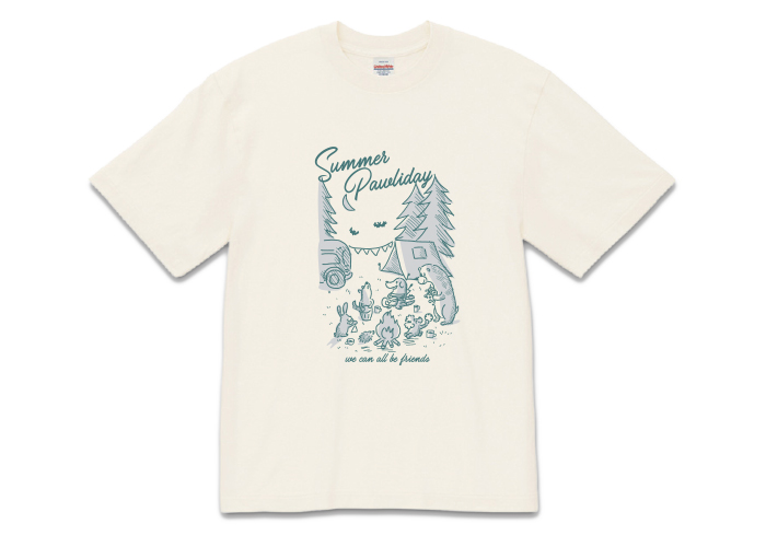 フェードホワイトのTシャツにはグリーンの線図にグレーの影のプリント