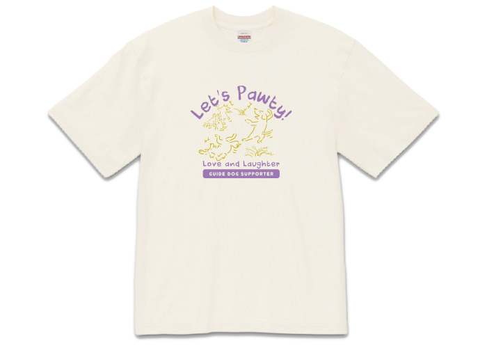 フェードホワイトのTシャツにはイラストはからし色、文字は紫のプリント