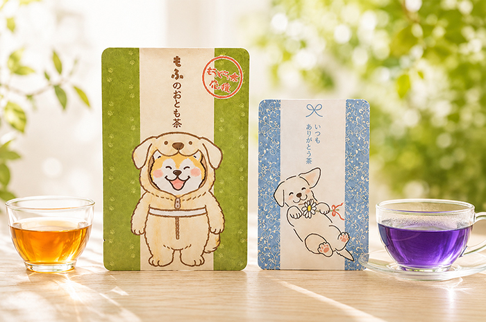 ほうじ茶のもふのおとも茶、バタフライピーのはなぎょくろが並んでいる写真